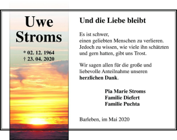 Traueranzeige von Uwe Stroms  von Magdeburger Volksstimme