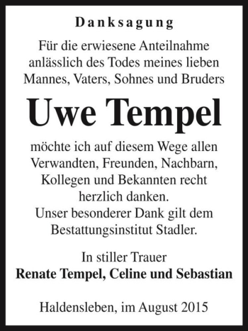 Traueranzeige von Uwe Tempel  von Magdeburger Volksstimme