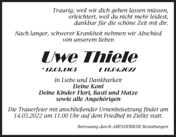 Traueranzeige von Uwe Thiele  von Magdeburger Volksstimme