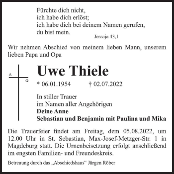 Traueranzeige von Uwe Thiele  von Magdeburger Volksstimme