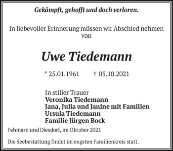Traueranzeige von Uwe Tiedemann  von Magdeburger Volksstimme