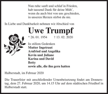 Traueranzeige von Uwe Trumpf  von Magdeburger Volksstimme