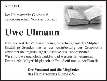 Traueranzeige von Uwe Ulmann  von Magdeburger Volksstimme