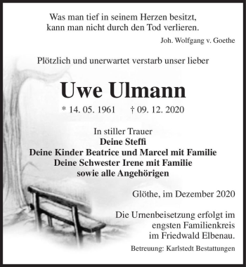 Traueranzeige von Uwe Ulmann  von Magdeburger Volksstimme