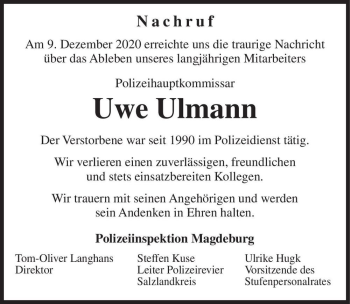 Traueranzeige von Uwe Ulmann  von Magdeburger Volksstimme