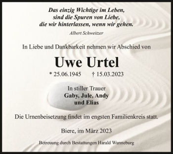 Traueranzeige von Uwe Urtel  von Magdeburger Volksstimme