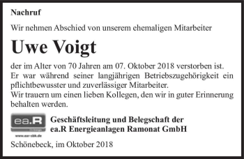 Traueranzeige von Uwe Voigt  von Magdeburger Volksstimme
