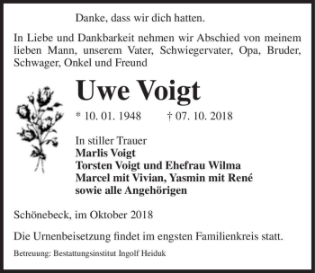 Traueranzeige von Uwe Voigt  von Magdeburger Volksstimme