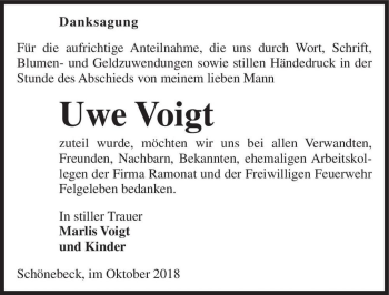Traueranzeige von Uwe Voigt  von Magdeburger Volksstimme