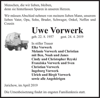 Traueranzeige von Uwe Vorwerk  von Magdeburger Volksstimme