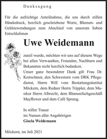 Traueranzeige von Uwe Weidemann  von Magdeburger Volksstimme