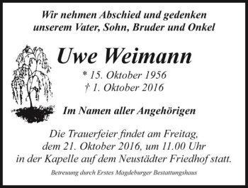 Traueranzeige von Uwe Weimann  von Magdeburger Volksstimme