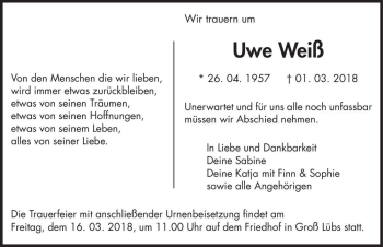 Traueranzeige von Uwe Weiß  von Magdeburger Volksstimme