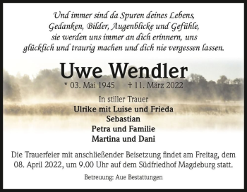 Traueranzeige von Uwe Wendler  von Magdeburger Volksstimme