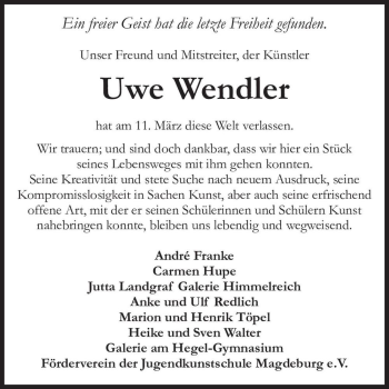 Traueranzeige von Uwe Wendler  von Magdeburger Volksstimme
