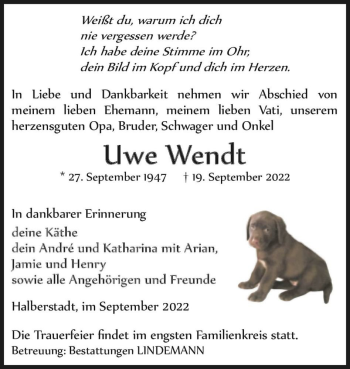 Traueranzeige von Uwe Wendt  von Magdeburger Volksstimme