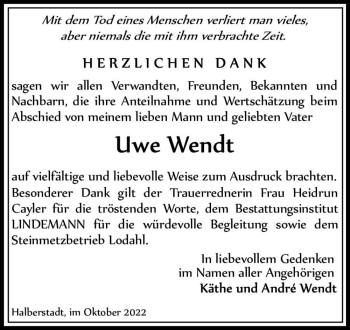 Traueranzeige von Uwe Wendt  von Magdeburger Volksstimme