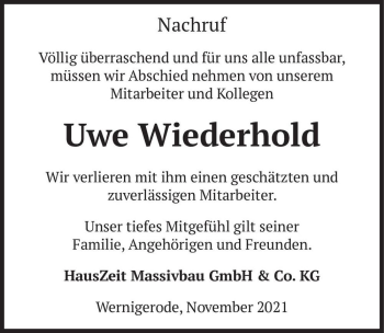 Traueranzeige von Uwe Wiederhold  von Magdeburger Volksstimme