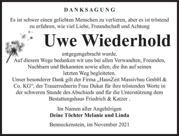 Traueranzeige von Uwe Wiederhold  von Magdeburger Volksstimme