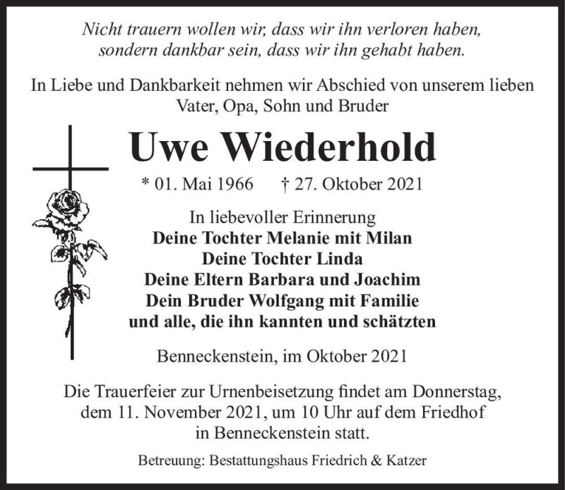  Traueranzeige für Uwe Wiederhold  vom 06.11.2021 aus Magdeburger Volksstimme