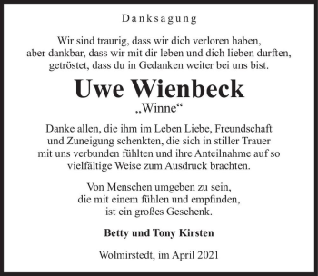 Traueranzeige von Uwe Wienbeck 