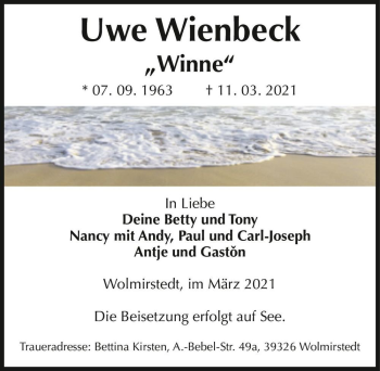 Traueranzeige von Uwe Wienbeck 