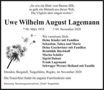 Traueranzeige von Uwe Wilhelm August Lagemann  von Magdeburger Volksstimme