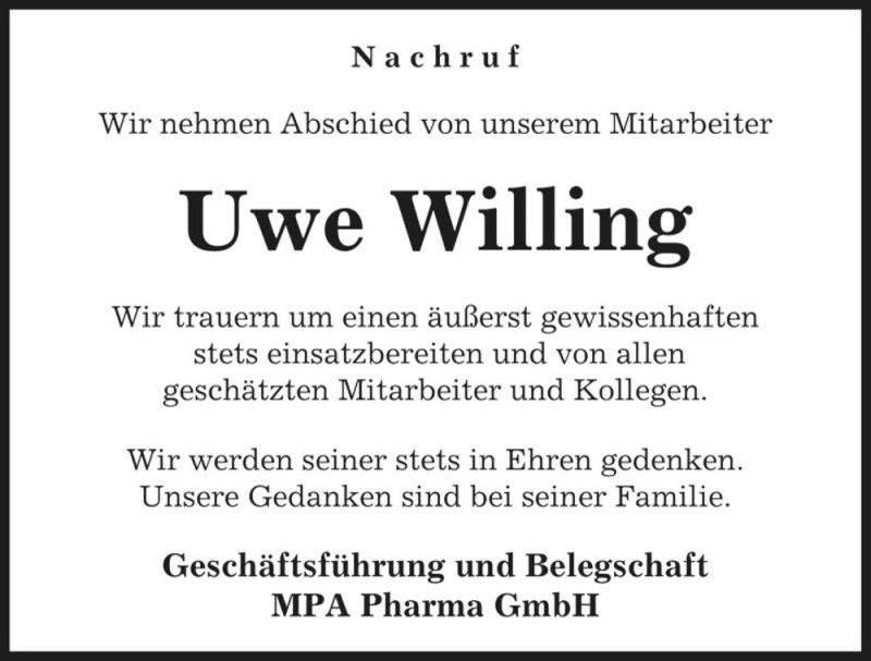  Traueranzeige für Uwe Willing  vom 28.01.2016 aus Magdeburger Volksstimme