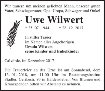 Traueranzeige von Uwe Wilwert  von Magdeburger Volksstimme