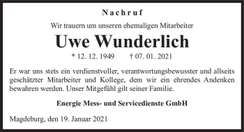 Traueranzeige von Uwe Wunderlich  von Magdeburger Volksstimme