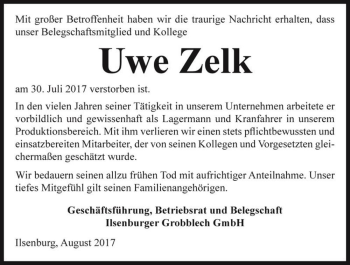 Traueranzeige von Uwe Zelk  von Magdeburger Volksstimme