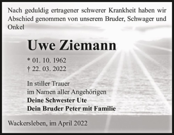Traueranzeige von Uwe Ziemann  von Magdeburger Volksstimme