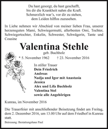 Traueranzeige von Valentina Stehle (geb. Buchholz)  von Magdeburger Volksstimme