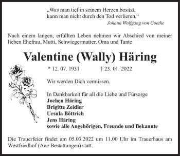 Traueranzeige von Valentine (Wally) Häring  von Magdeburger Volksstimme