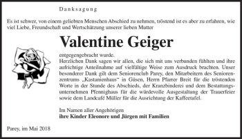 Traueranzeige von Valentine Geiger  von Magdeburger Volksstimme