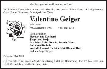 Traueranzeige von Valentine Geiger (geb. Netzer)  von Magdeburger Volksstimme