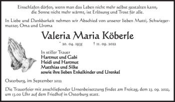 Traueranzeige von Valeria Maria Köberle  von Magdeburger Volksstimme