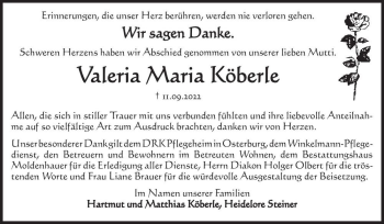 Traueranzeige von Valeria Maria Köberle  von Magdeburger Volksstimme