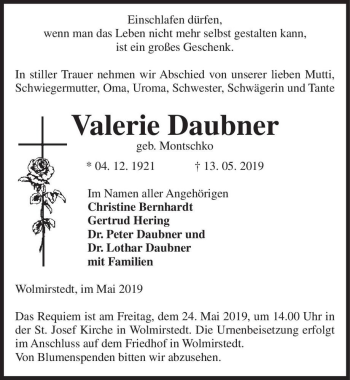 Traueranzeige von Valerie Daubner (geb. Montschko)  von Magdeburger Volksstimme