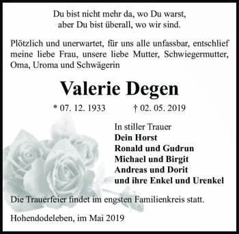 Traueranzeige von Valerie Degen  von Magdeburger Volksstimme