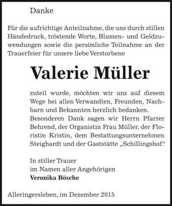 Traueranzeige von Valerie Müller  von Magdeburger Volksstimme