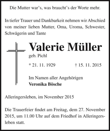 Traueranzeige von Valerie Müller (geb. Pichl)  von Magdeburger Volksstimme