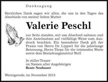 Traueranzeige von Valerie Peschl  von Magdeburger Volksstimme