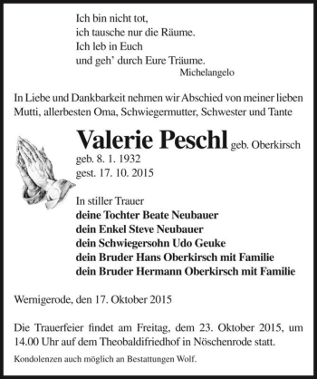 Traueranzeige von Valerie Peschl (geb. Oberkirsch)  von Magdeburger Volksstimme