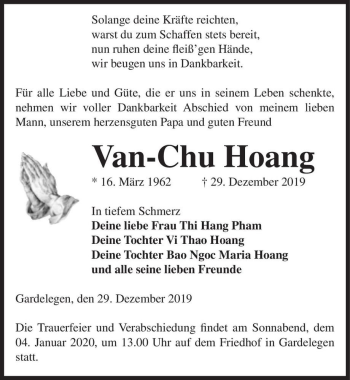 Traueranzeige von Van-Chu Hoang  von Magdeburger Volksstimme