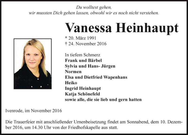 Traueranzeige für Vanessa Heinhaupt  vom 03.12.2016 aus Magdeburger Volksstimme