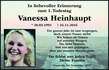 Traueranzeige von Vanessa Heinhaupt  von Magdeburger Volksstimme