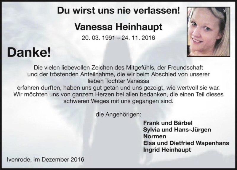  Traueranzeige für Vanessa Heinhaupt  vom 31.12.2016 aus Magdeburger Volksstimme
