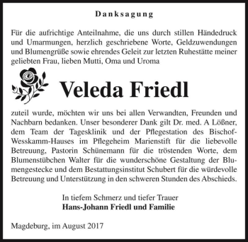 Traueranzeige von Veleda Friedl  von Magdeburger Volksstimme