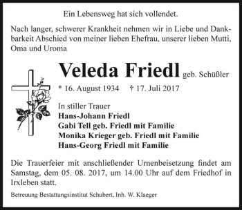 Traueranzeige von Veleda Friedl (geb. Schüßler)  von Magdeburger Volksstimme